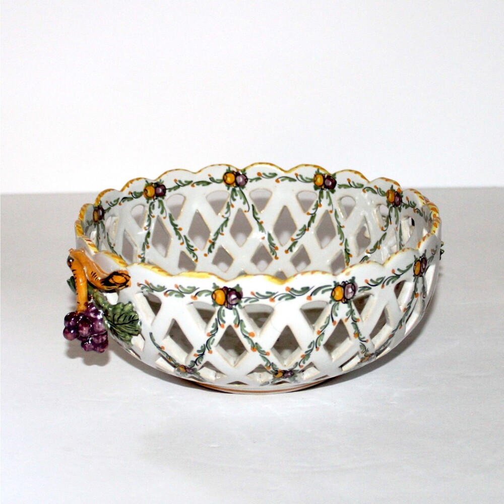 Emile Tessier Reticulated Lattice basket Bowl porcelain Grapes Malicorne France